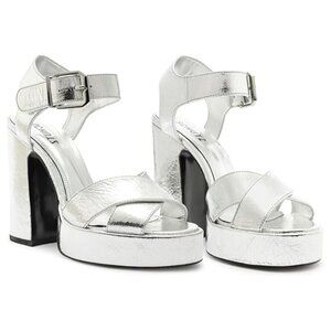 168$ Schutz Penelope Metallic Ankle Strap Platform Sandals Size 10 US Silver